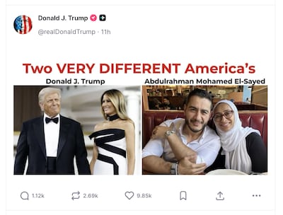 Donald Trump has regularly attacked Abdul El-Sayed on his social media platform. Photo: Truth Social