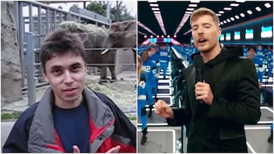 Me at the Zoo, left, was the first video uploaded to YouTube while MrBeast became the first account to reach 300 million subscribers. Photos: Jawed Karim; MrBeast