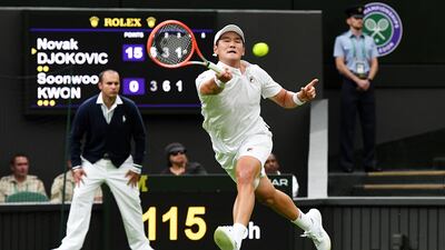 Kwon Soon-woo of South Korea hits a forehand. EPA