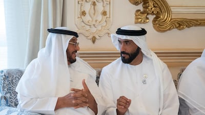 Sheikh Nahyan bin Zayed Al Nahyan, Chairman of the Board of Trustees of Zayed bin Sultan Al Nahyan Charitable and Humanitarian Foundation (R) and Sheikh Mohamed bin Butti Al Hamed (L), attend a Sea Palace barza. Mohamed Al Hammadi / Ministry of Presidential Affairs