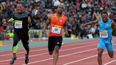 Tyson Gay, centre, won the 100m on Friday at the London Diamond League Meeting.