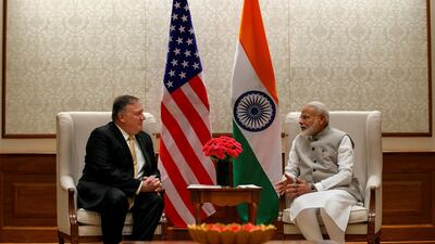 Mike Pompeo enters the room to meet with Indian Prime Minister Narendra Modi, at the Prime Minister's Residence. Reuters