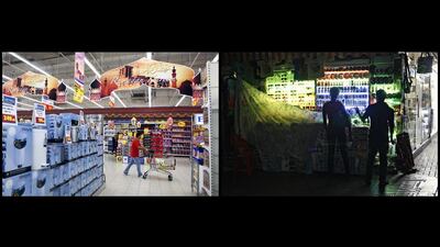 Shoppers stock up on goods at Carrefour in Mall of the Emirates / A tourist peruses a display of souvenirs in Deira