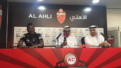 Ghanaian footballer Asamoah Gyan is introduced at Al Ahli on Sunday. John McAuley / The National