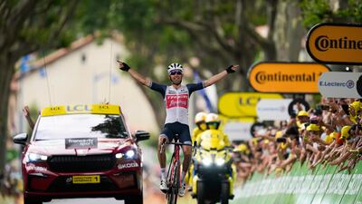 Dutch rider Bauke Mollema crosses the finish line to win Stage 14 of the Tour de France on Saturday, July 10.