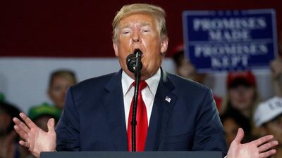 US President Donald Trump speaking at a Make America Great Again rally in Ohio, August 4, 2018. Reuters