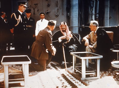 King Abdulaziz Ibn Saud with US President Franklin Roosevelt, aboard the USS Quincy in 1945. Getty Images