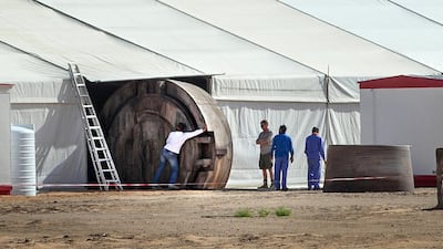 Rolling out the structure for the set. Star Wars crew. Qasr Al Sarab, Abu Dhabi, United Arab Emirates. Mona Al-Marzooqi / The National