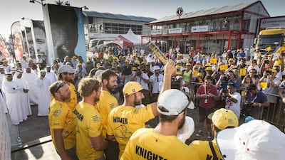 Abu Dhabi Ocean Racing crew greet fans after completing the second leg of the Volvo Ocean Race in Abu Dhabi on Saturday. Ian Roman / Abu Dhabi Ocean Racing