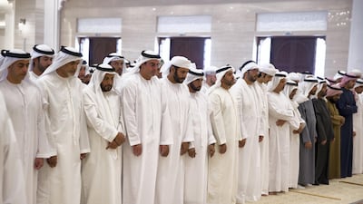 Sheikh Saif bin Zayed, Sheikh Khalifa bin Saif, Abdullah Saleh bin Badowah, Sheikh Mohammed bin Khalifa, Abu Dhabi Executive Council Member, and other dignitaries, attend funeral prayers for Sheikha Hessa bint Mohammed. Mohammed Al Bloushi for Crown Prince Court - Abu Dhabi