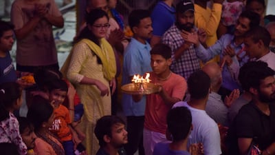 Devotees at the temple in Noida. Getty Images