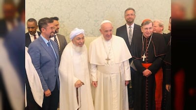 Sheikh Abdullah bin Bayyah, chairman of the UAE Fatwa Council, met Pope Francis in the Vatican City. Courtesy Wam