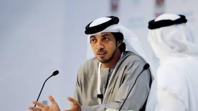 Sheikh Mansour bin Zayed, Deputy Prime Minister and Minister of Presidential Affairs, speaks at the Government Summit in Dubai. Sarah Dea / The National