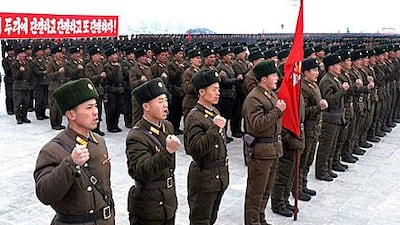 Soldiers of the three services of the Korean People's Army attend a rally to renew allegiance to Kim Jong-un, the supreme commander, and new leader of the country.