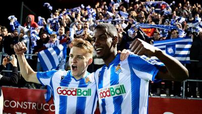 Martin Odegaard and Alexander Isak of Real Sociedad in March 2020. Getty