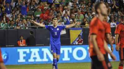 Edin Dzeko celebrates Bosnia's goal against Mexico in their international friendly on Tuesday ahead of the 2014 World Cup. David Banks / USA Today Sports / June 3, 2014