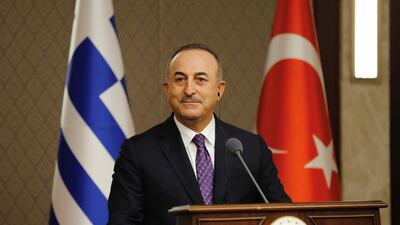 Turkish Foreign Minister Mevlut Cavusoglu looks on during a news conference with his Greek counterpart Nikos Dendias (not pictured) in Ankara, Turkey April 15, 2021. Turkish Foreign Ministry/Handout via REUTERS
