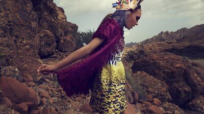 ROLLING STONE: Jacket, Dh13,600, Lanvin. Dress, Dh7,545, Mary Katrantzou at Stylebop. Necklace, Dh2,979, Shourouk at Stylebop. Headpiece, stylist’s own.