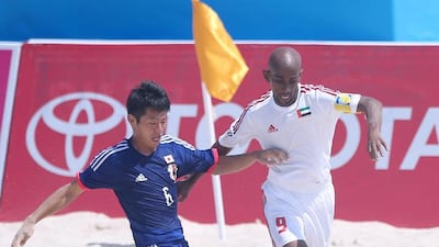 The UAE beach soccer team, in white, may enjoy home-sand advantage as Dubai plans to bid to host the event. Photo: WAM