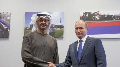 Sheikh Mohammed bin Zayed and Vladimir Putin pictured at the Russian Grand Prix in 2015. Mohammed Al Hammadi / Crown Prince Court – Abu Dhabi/ file photo