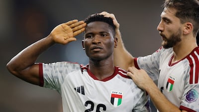Oumar Camara celebrates scoring UAE's winner in the Gulf Cup semi-final victory over Oman. Reuters