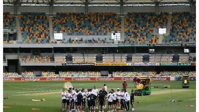 England’s players have a team talk during a nets session this week at The Gabba, where The Ashes series starts tomorrow.