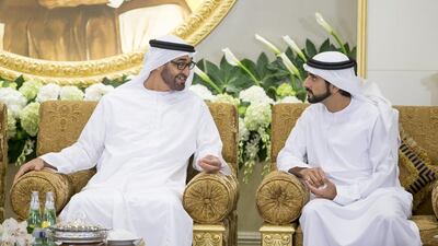 Sheikh Mohammed bin Zayed speaks with Sheikh Hamdan bin Mohamed, Crown Prince of Dubai. Mohamed Al Hammadi / Crown Prince Court — Abu Dhabi