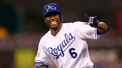 Lorenzo Cain of the Kansas City Royals reacts after reaching first base on an infield single in the third inning against the Toronto Blue Jays in game six of the 2015 MLB American League Championship Series at Kauffman Stadium on October 23, 2015 in Kansas City, Missouri. Jamie Squire/Getty Images
