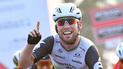 British rider Mark Cavendish of Team Dimension Data celebrates after winning the second stage on Friday. Luca Zennaro / EPA / October 21, 2016