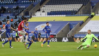 Manchester United's Bruno Fernandes scores their second goal. Reuters