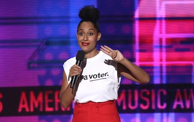 Host Tracee Ellis Ross wears a shirt that reads "I am a Voter". Matt Sayles / Invision / AP