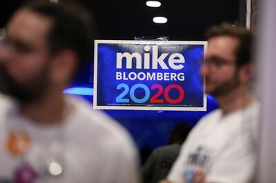 A campaign sign for Democratic presidential candidate Michael Bloomberg is seen between his supporters in Brooklyn. Reuters