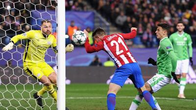 Kevin Gameiro of Atletico Madrid, centre, celebrates scoring his side’s first goal in Madrid. Denis Doyle / Getty Images