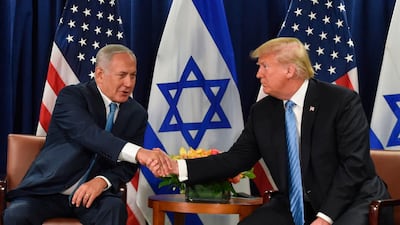 US President Donald Trump with Israeli Prime Minister Benjamin Netanyahu on the sidelines of the UN General Assembly, September 2018. Nicholas Kamm / AFP