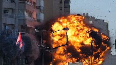 A building is hit in an Israeli strike on Tayouneh, Beirut. Israel has escalated attacks on Lebanon. AP
