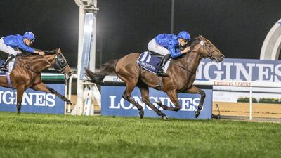 Dream Castle clinched first place in the Group 3 Singspiel Stakes under Christophe Soumillon at Meydan Racecourse on Thursday. Antonie Robertson / The National