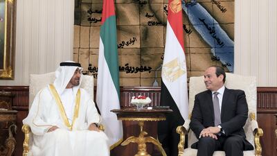 Sheikh Mohamed bin Zayed Al Nahyan Crown Prince of Abu Dhabi Deputy Supreme Commander of the UAE Armed Forces (L), meets with Abdel Fattah El-Sisi, President of Egypt (R), in Cairo. Mohamed Al Hammadi / Ministry of Presidential Affairs