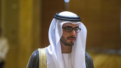 Sheikh Tahnoon bin Hamad greets guests at his wedding reception at Emirates Palace on Monday. Donald Weber / Crown Prince Court - Abu Dhabi