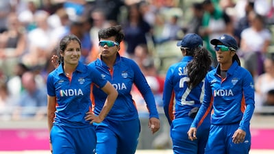 India's Renuka Singh, left, celebrates with teammates the dismissal of Pakistan's Ayesha Naseem. AP