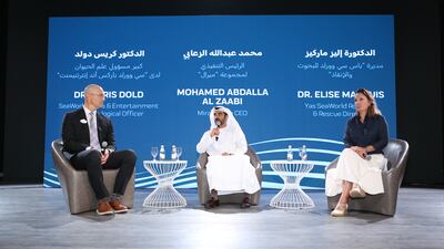 Dr Chris Dold, SeaWorld Parks & Entertainment chief zoological officer, Mohamed Al Zaabi, chief executive of Miral, and Dr Elise Marquis of Yas SeaWorld Research & Rescue Abu Dhabi during a panel discussion