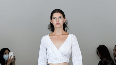 A crisp cropped top and wrapped front trousers by Maryam Nassir Zadeh for spring / summer 2022. Photo: Maryam Nassir Zadeh