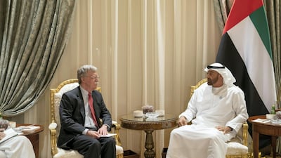 Sheikh Mohamed bin Zayed Al Nahyan, Crown Prince of Abu Dhabi and Deputy Supreme Commander of the UAE Armed Forces, meets John Bolton, United States National Security Adviser, at Al Shati Palace in Abu Dhabi on November 12, 2018. Ministry of Presidential Affairs