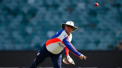 Coach Trevor Bayliss throws as he leads catching practice during England media access at the Wanderers Stadium on January 13, 2016 in Johannesburg, South Africa. Julian Finney/Getty Images