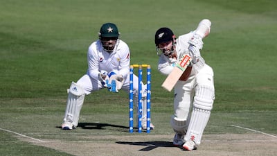 New Zealand captain Kane Williamson bats during the game at Zayed Cricket Stadium.