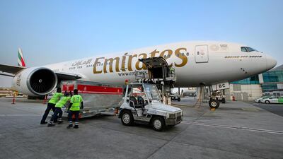 Aid destined for Kerala, India, being loaded onto an Emirates cargo plane. The goods have been donated by people in the UAE. Courtesy Emirates SkyCargo