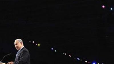 Benjamin Netanyahu addresses the American Israel Public Affairs Committee in Washington.