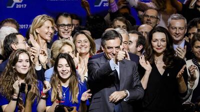 Francois Fillon, the French Republicans party’s presidential candidate, gestures during a campaign meeting in Paris on November 25, 2016. Marlene Awaad / Bloomberg
