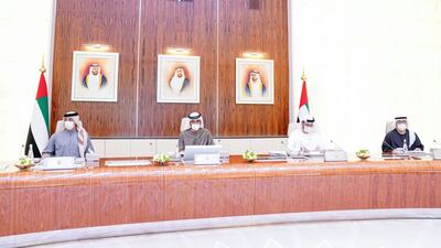 Sheikh Mohammed bin Rashid chairs a UAE Cabinet meeting on Sunday. Pictured with Sheikh Mansour bin Zayed, Deputy Prime Minister and Minister of Presidential Affairs, Mohammed Gergawi, Minister of Cabinet Affairs, Abdul Rahman Al Oweis, Minister of Health and Prevention. Courtesy: Sheikh Mohammed bin Rashid Twitter