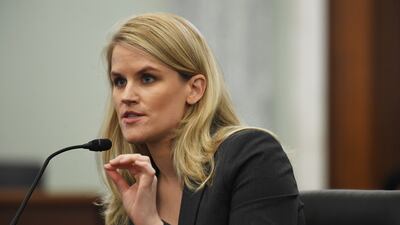 Former Facebook employee and whistleblower Frances Haugen speaks before a Senate Committee on Commerce. The Washington Post via AP