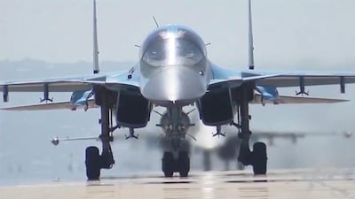 A Russian SU-34 multidimensional bomber taking off from the Syrian Hmeymim airbase, outside Latakia, Syria on March 15, 2016, one day after Russian president Vladimir Putin ordered the withdrawal of the majority of Russian troops from Syria. EPA/Russian defence ministry handout
